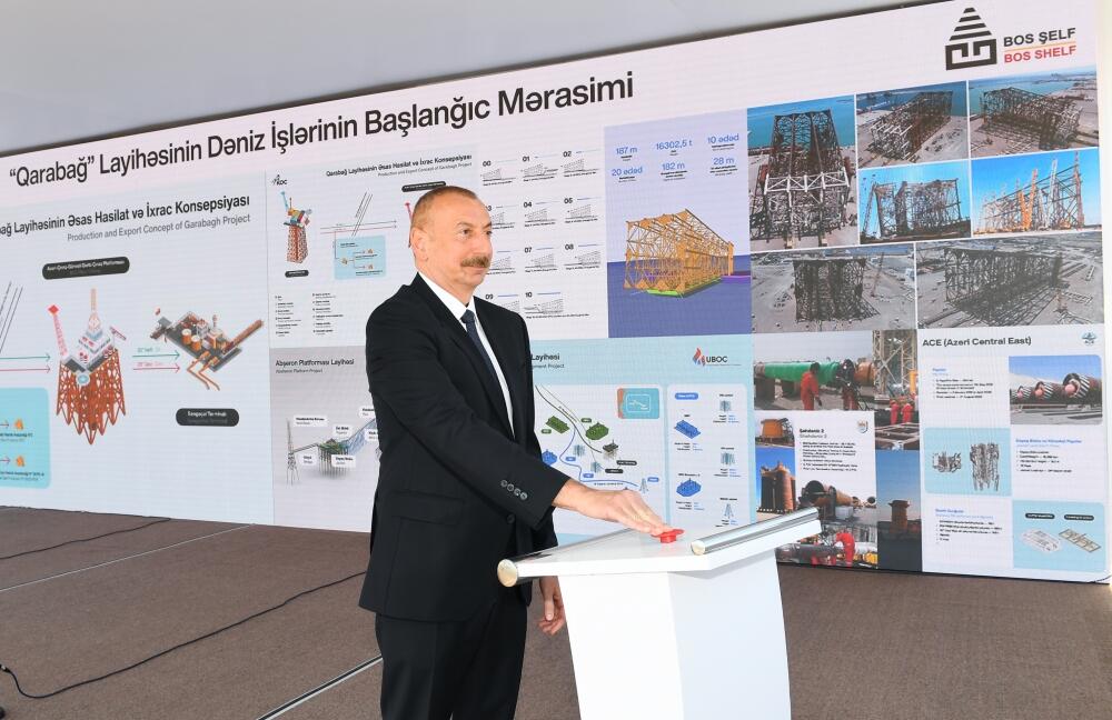 Prezident İlham Əliyev "Qarabağ" yatağının dayaq blokunun dənizə yola salınması mərasimində iştirak edib