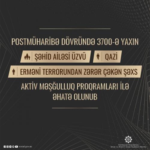 Postmüharibə dövründə 3700-ə yaxın şəhid ailəsi üzvü, qazi, erməni terrorundan zərər çəkən şəxslər aktiv məşğulluq proqramları ilə əhatə olunub