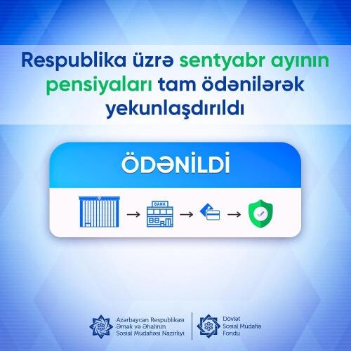 Ölkə üzrə sentyabr ayının pensiyaları tam ödənilərək başa çatdırılıb