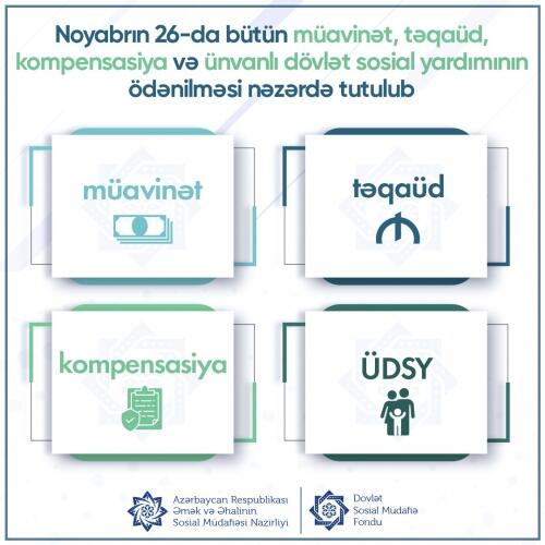 Noyabrın 26-da bütün müavinət, təqaüd, kompensasiya və ünvanlı dövlət sosial yardımının ödənilməsi gözlənilir