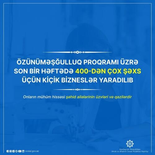 Özünüməşğulluq proqramı üzrə son bir həftədə 400-dən çox şəxs üçün kiçik bizneslər yaradılıb