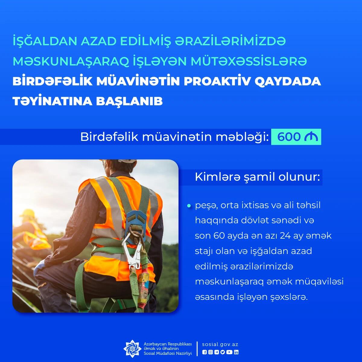 İşğaldan azad edilmiş ərazilərdə işləyən mütəxəssislərə birdəfəlik müavinətin təyinatına başlanıb
