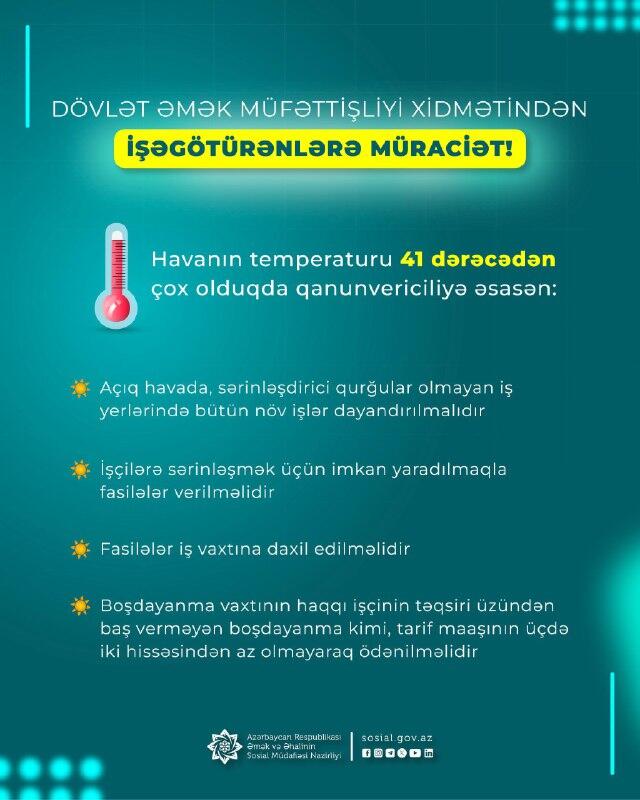 İşəgötürənlərə xəbərdarlıq: isti hava şəraitində işçilərin həyat və sağlamlığı qorunmalıdır