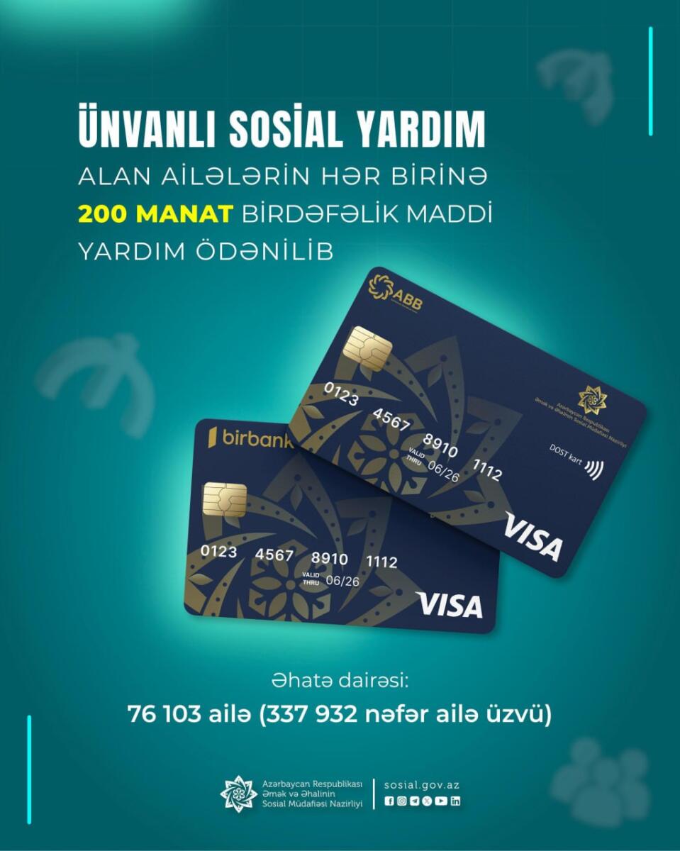 Ünvanlı sosial yardım alan ailələrə birdəfəlik maddi yardım ödənilib