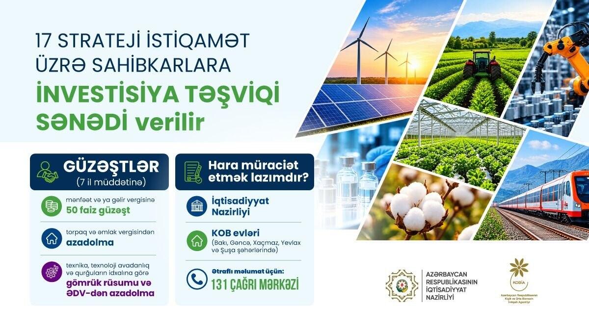 İnvestisiya qoyuluşu üçün imkanlar genişlənir: investisiya təşviqi mexanizmi artıq 17 strateji istiqaməti əhatə edir