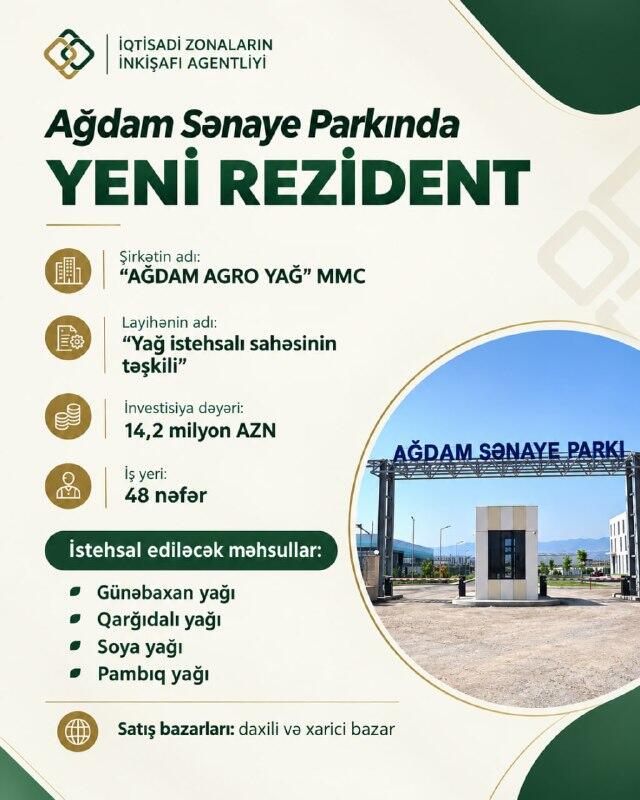 Ağdam Sənaye Parkının yeni rezidenti tərəfindən yağ istehsalı müəssisəsi yaradılacaq